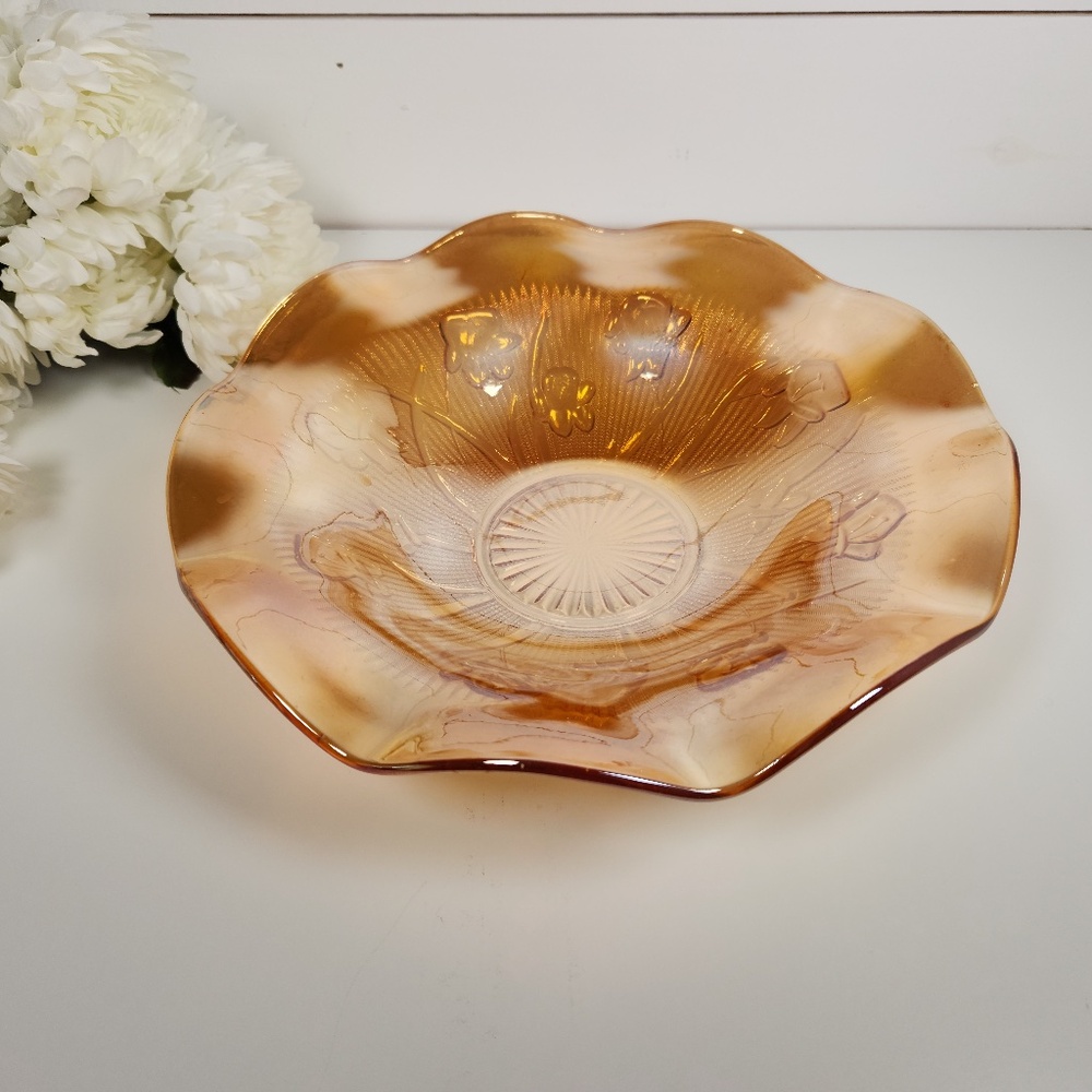VTG Jeannette Iridescent Carnival Glass Iris & Herringbone Pattern Large Bowl